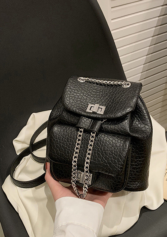 BLACK PU LEATHER TEXTURED SMALL BACKPACK