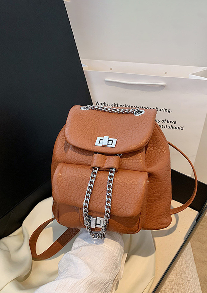BROWN PU LEATHER TEXTURED SMALL BACKPACK