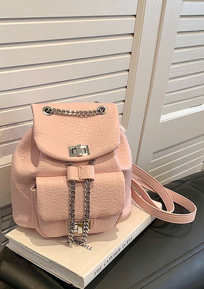 PINK PU LEATHER TEXTURED SMALL BACKPACK
