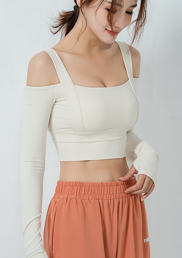 White Cold-shoulder Sports Top W/ Thumbholes