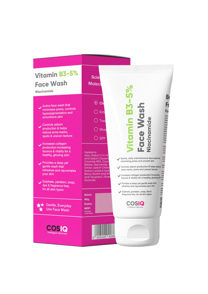 Cos-IQ Vitamin B3-5% Niacinamide Face Wash for Smooth and Even Skin, Tan Removal & Glowing Skin, pH Balanced & Paraben Free - 100 ml