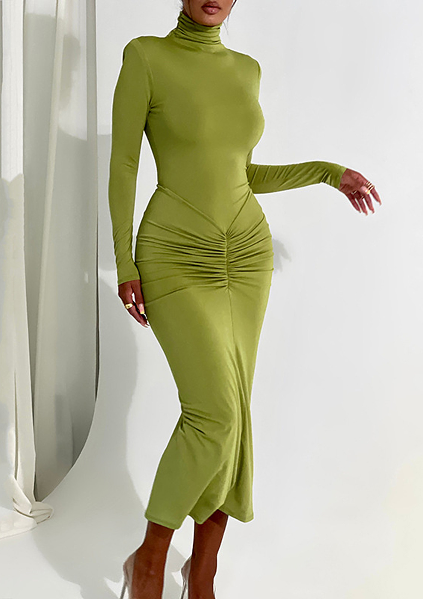 POLO COLLAR GREEN RUCHED DRAPE DRESS
