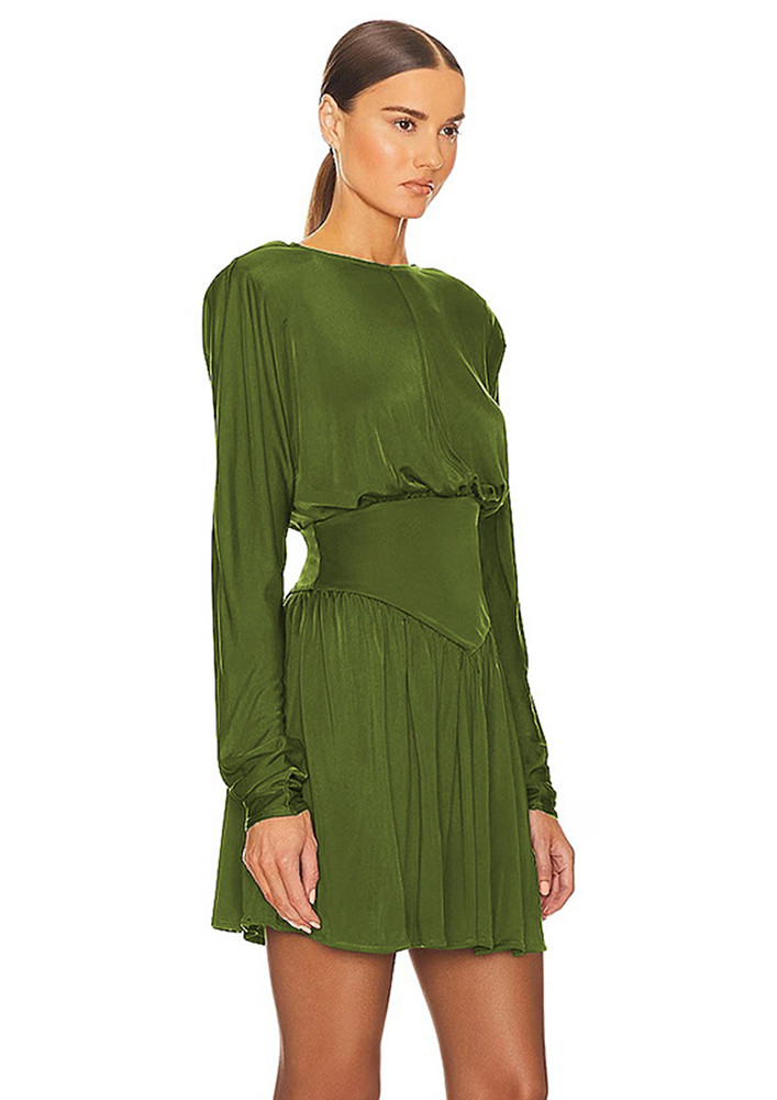 GREEN CINCHED-WAIST PLEATED DRESS