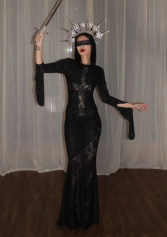 Black Hooded Sheer Lace Splicing Maxi Dress
