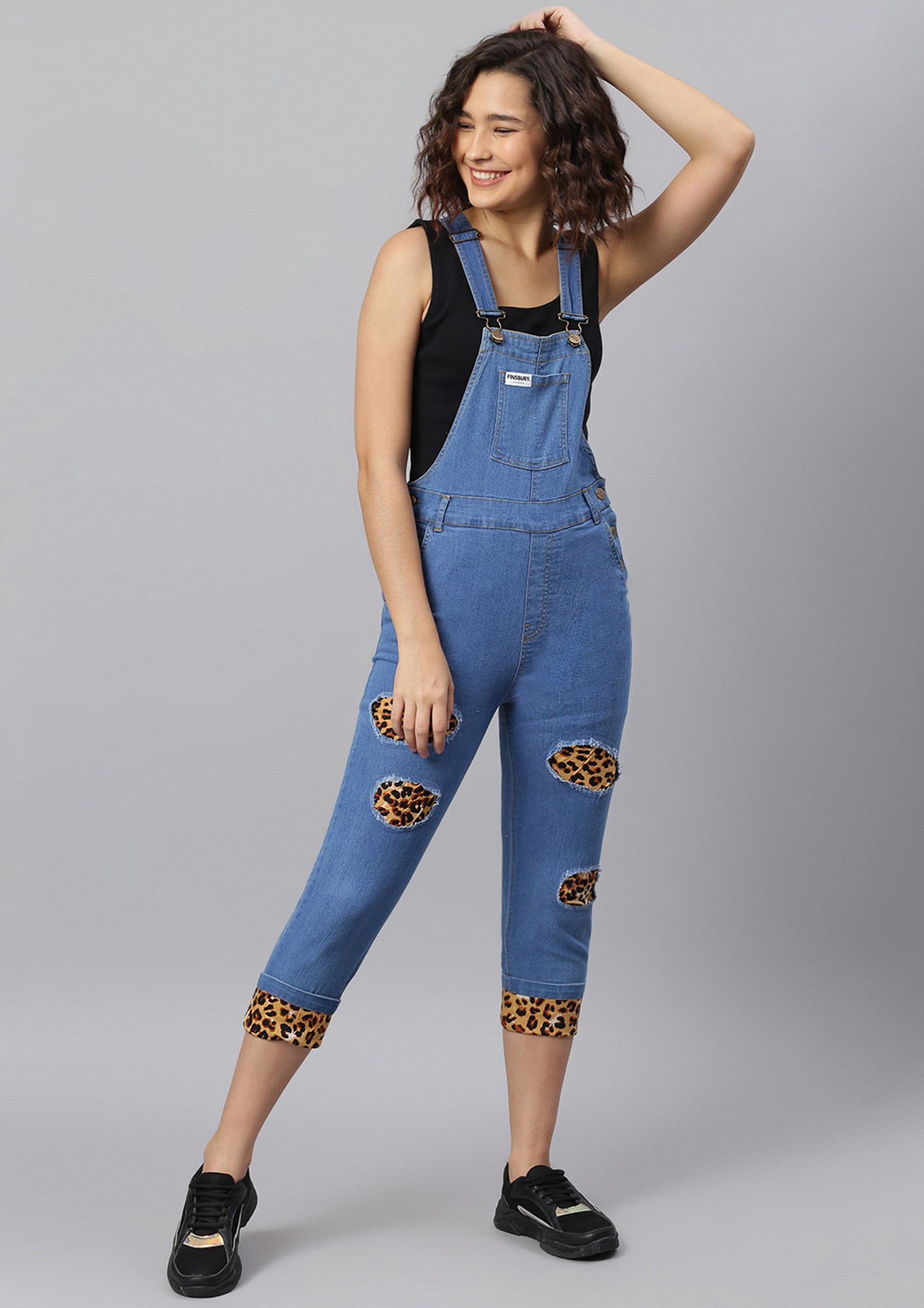 Finsbury Women Denim Dungaree with Leopard Print Infusion