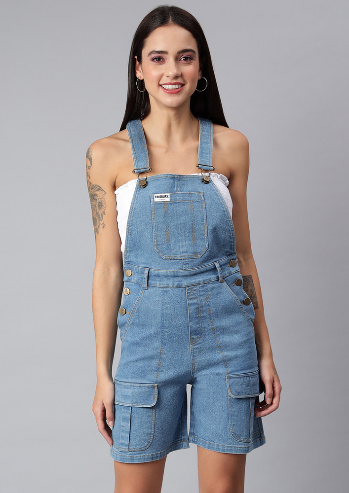 FINSBURY LONDON Women's Denim Dungaree Playsuit with Thai Over Pockets