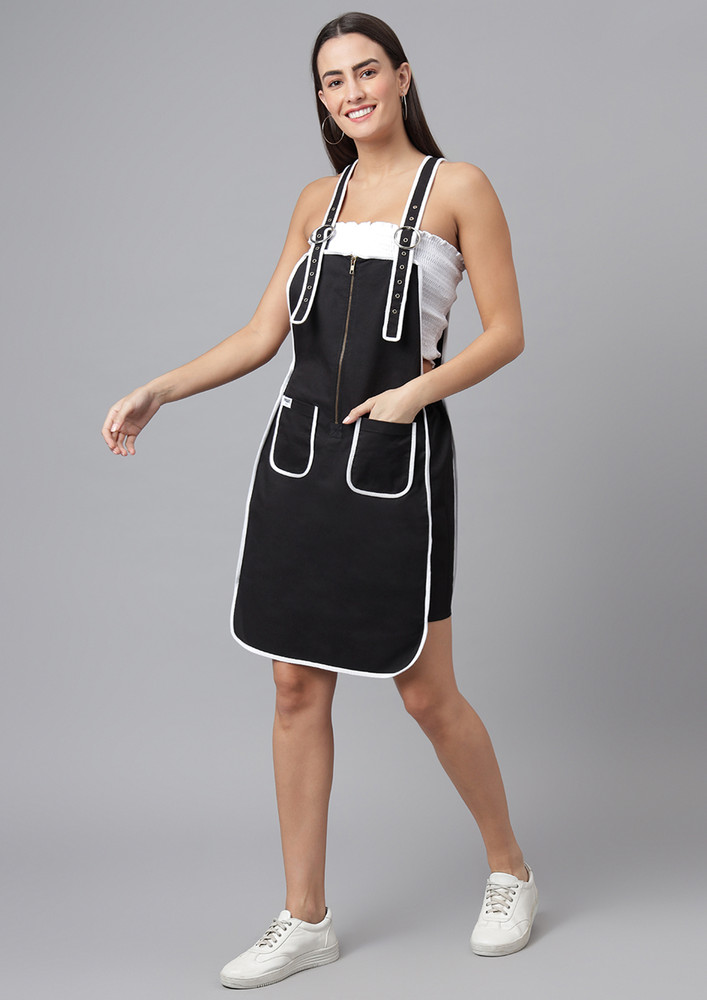 FINSBURY LONDON Women's Dungaree Dress with Contrast Piping - Ebony Black