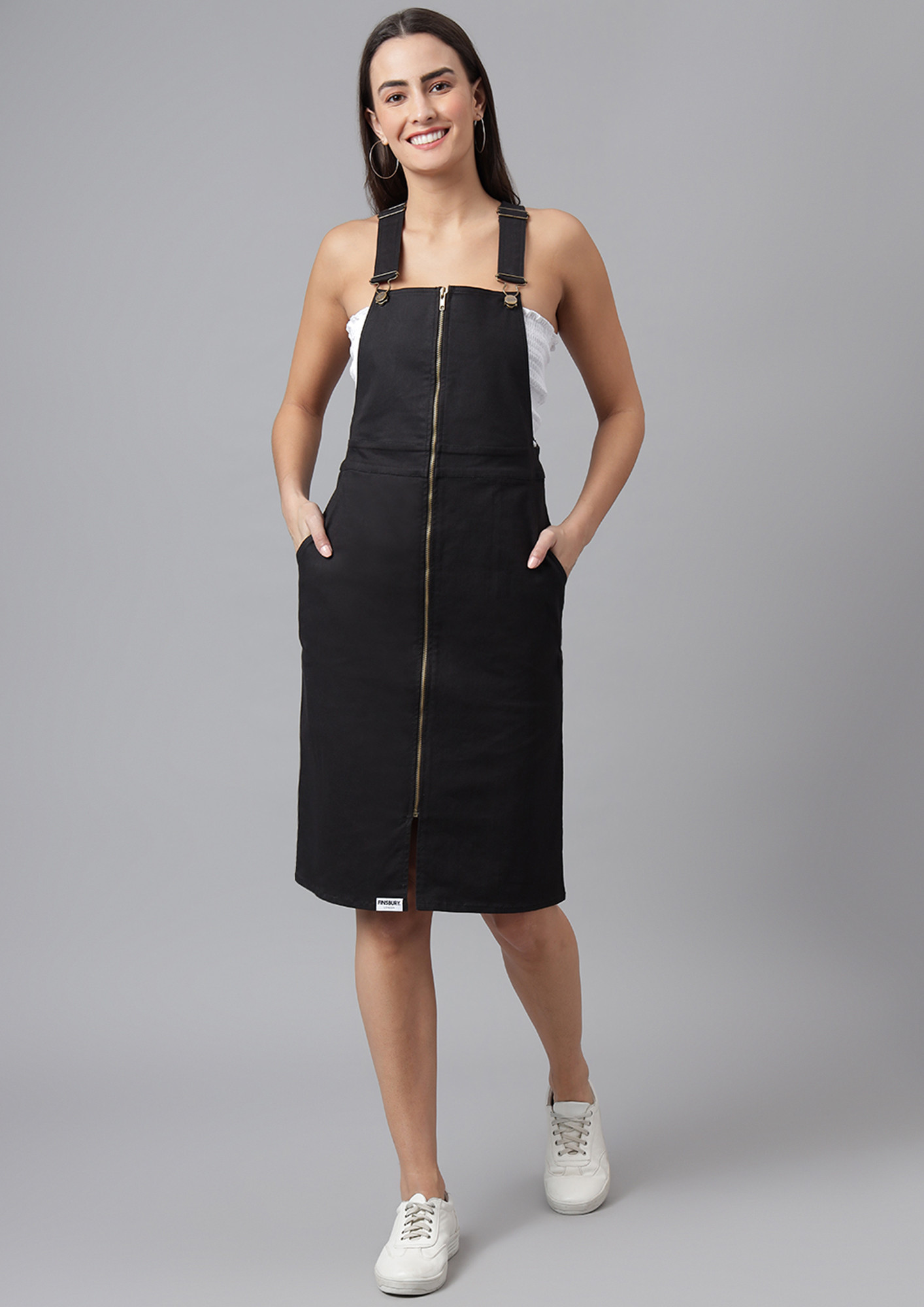 Buy FINSBURY LONDON Women's Cotton Dungaree Dress with Front Zip Opening -  Ebony Black for Women Online in India