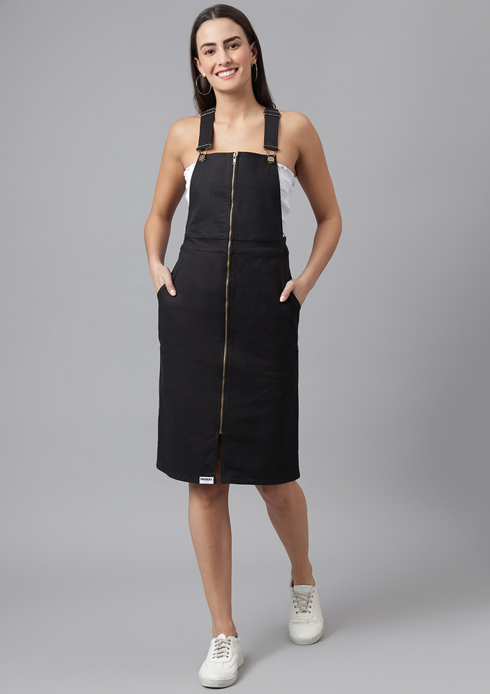 FINSBURY LONDON Women's Cotton Dungaree Dress with Front Zip Opening - Ebony Black