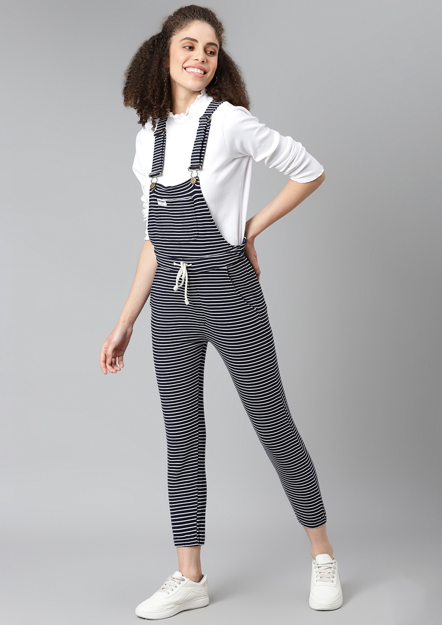 FINSBURY LONDON Women's Stripe Cotton Dungaree with Contrast String