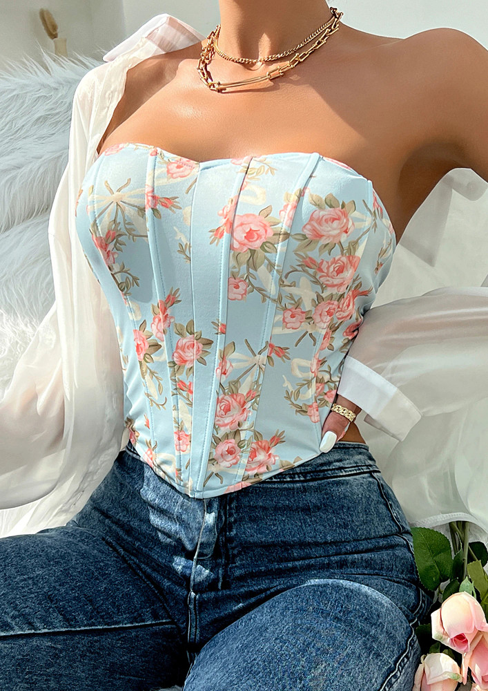 FLORAL PRINT CORSETRY BLUE TUBE TOP