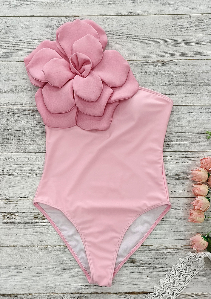 Pink Large Contrast Floral Decor Swimsuit