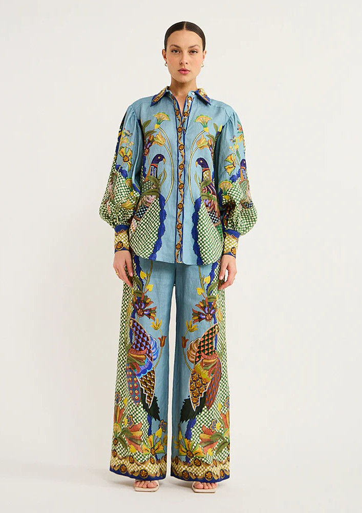 Blue Ethnic Pattern Shirt & Wide Pants Set