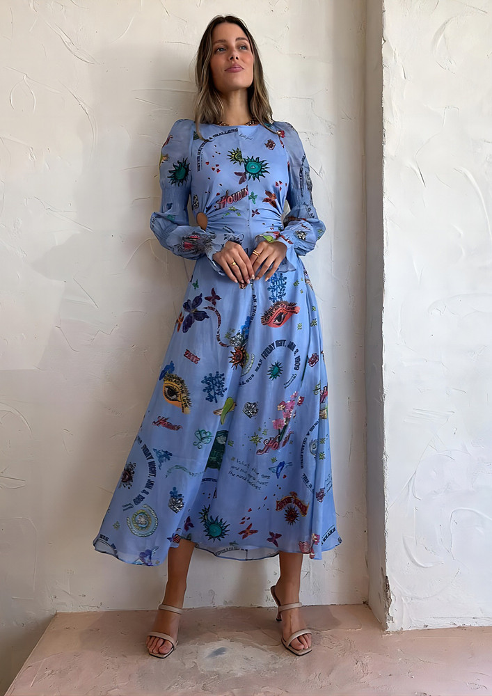 Blue Printed Cut-out Waist Detail Dress
