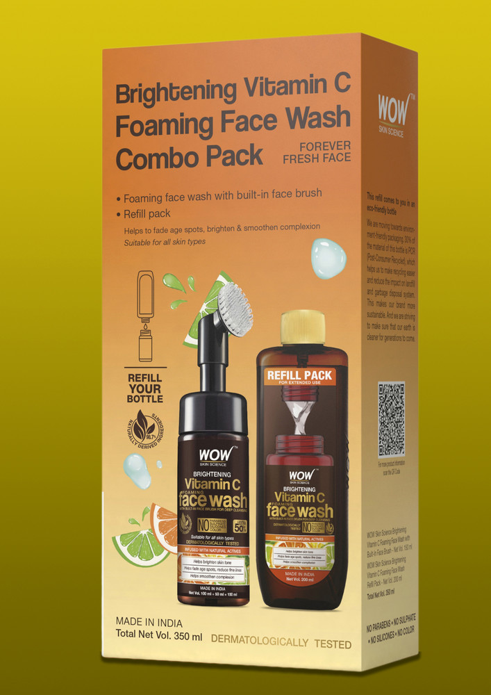 Wow Skin Science Vitamin C Foaming Face Wash Save Earth Combo Pack- Consist Of Foaming Face Wash With Built-in Brush & Refill Pack - No Parabens, Sulphate, Silicones & Color - Net Vol. 350ml