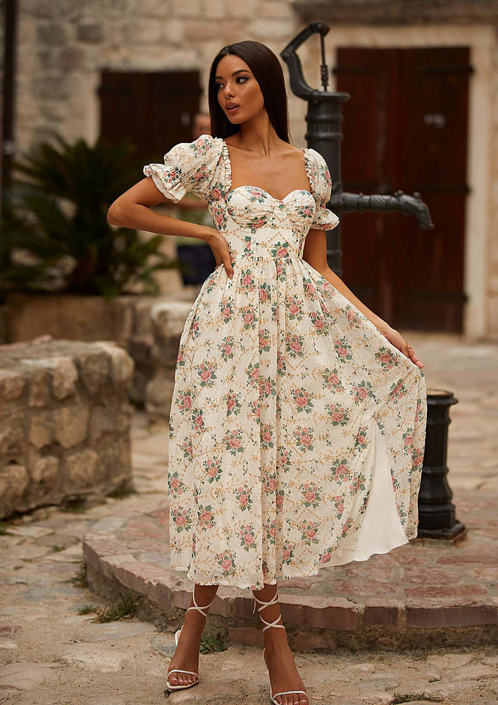 Sweetheart Neck Lace-up Floral Midi Dress