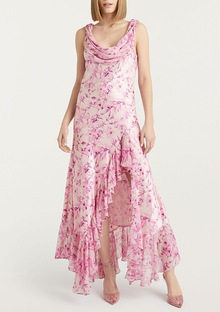 Pink Cowl Neck Irregular Long Dress