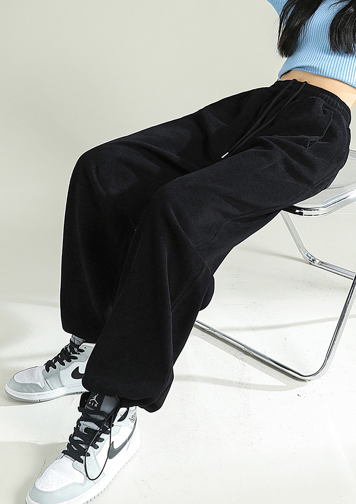 BLACK RIBBED STRAIGHT FIT TROUSERS