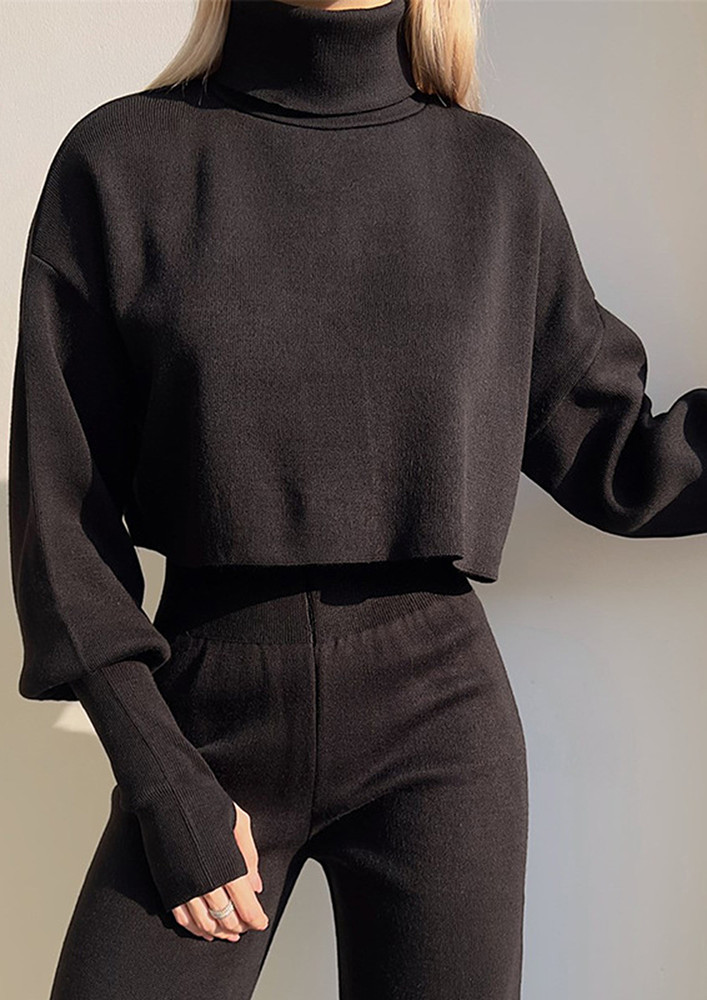 Black Knitted Polo Pullover And Pants Set