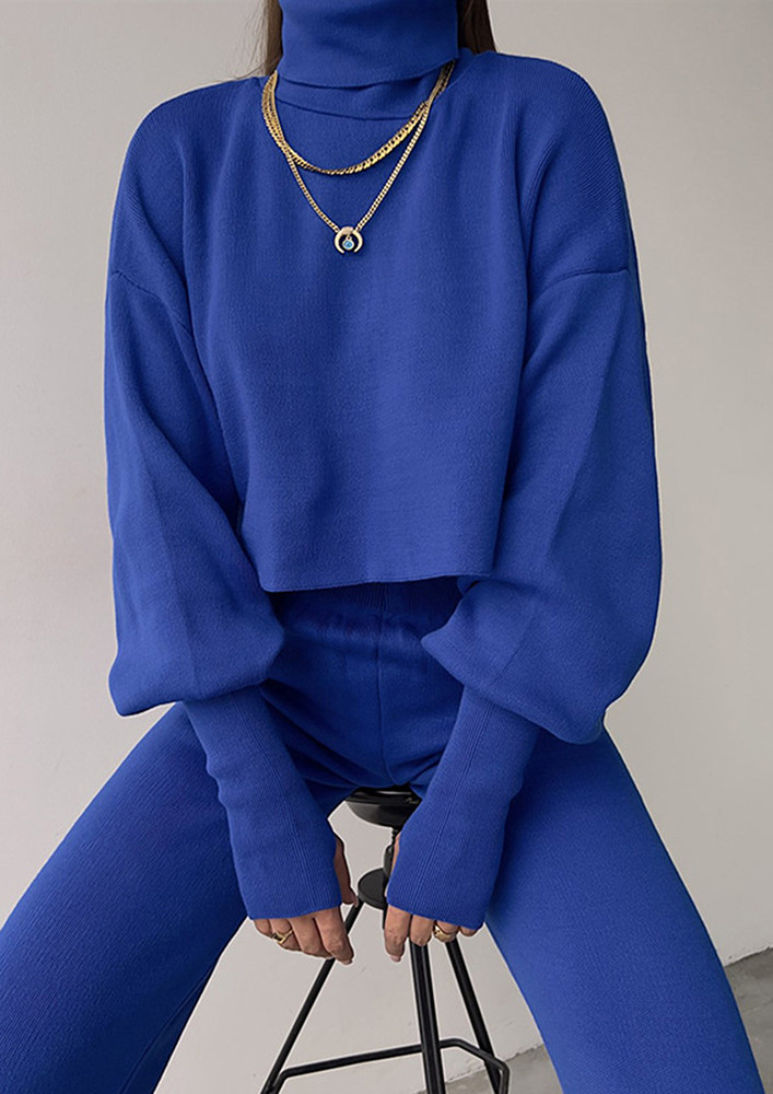 Blue Knitted Polo Pullover And Pants Set
