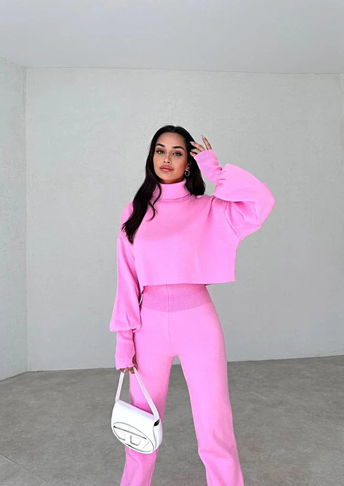 Pink Knitted Polo Pullover And Pants Set