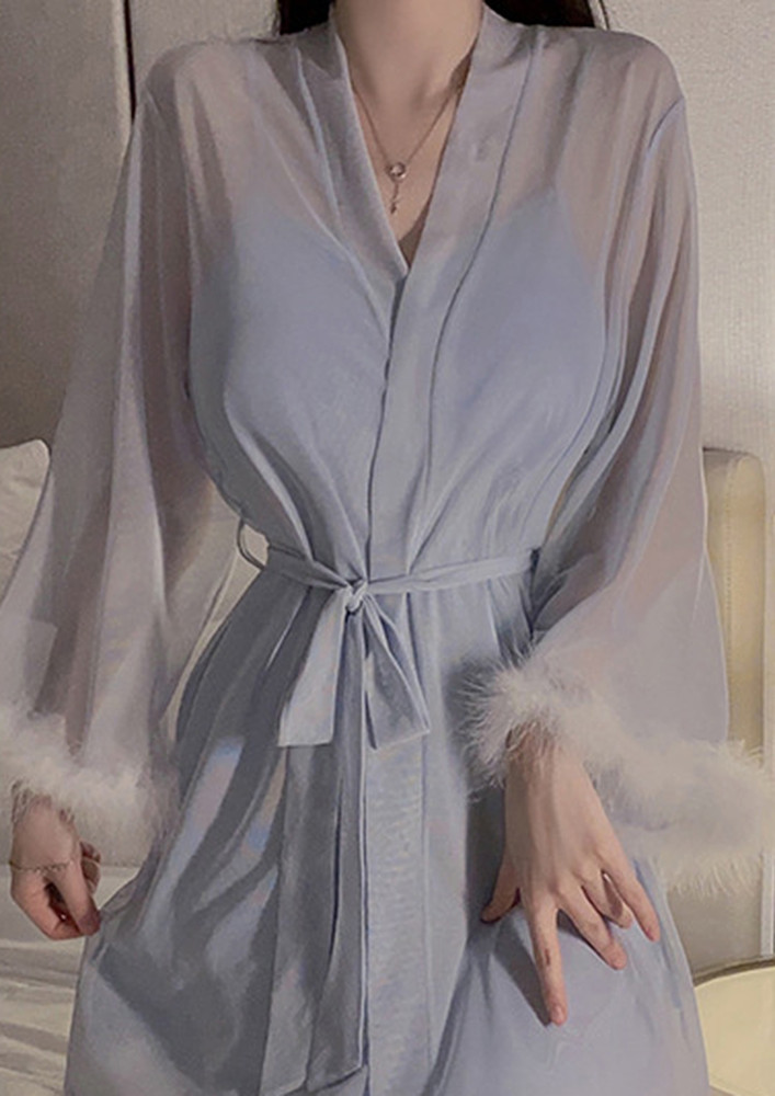 Light Blue Tie-waist Faux Fur Trim Robe