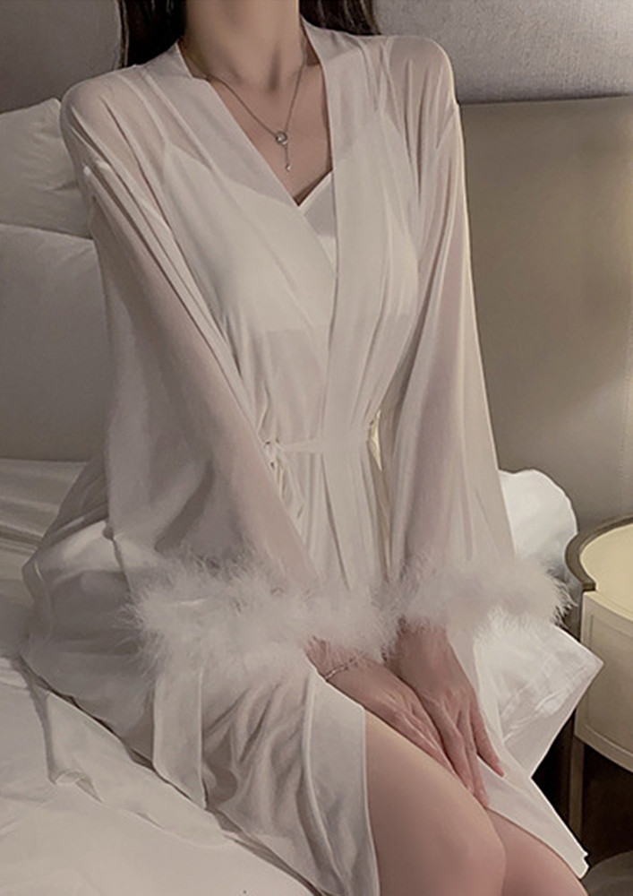 White Tie-waist Faux Fur Trim Robe