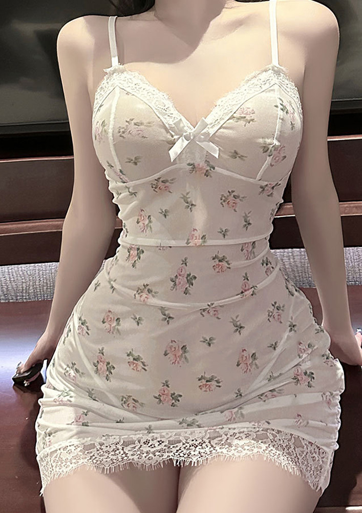 White Floral Pattern Nightdress & Thong Set