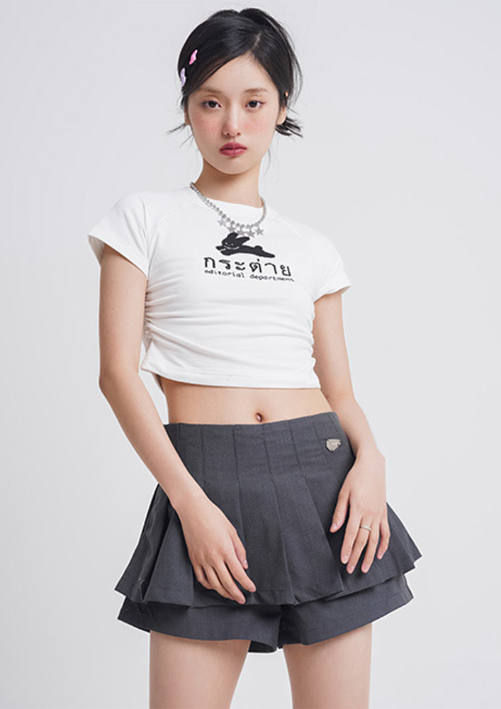 WHITE PRINTED RUCHED DETAIL CROP TOP