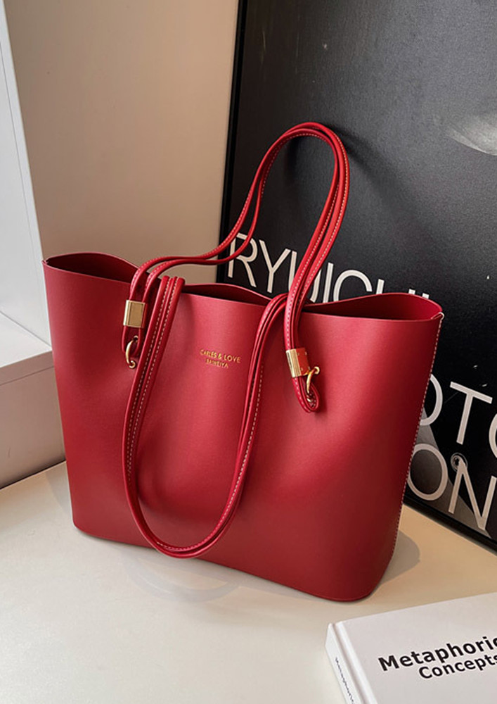 LAYERED DOUBLE STRAP PU RED TOTE BAG