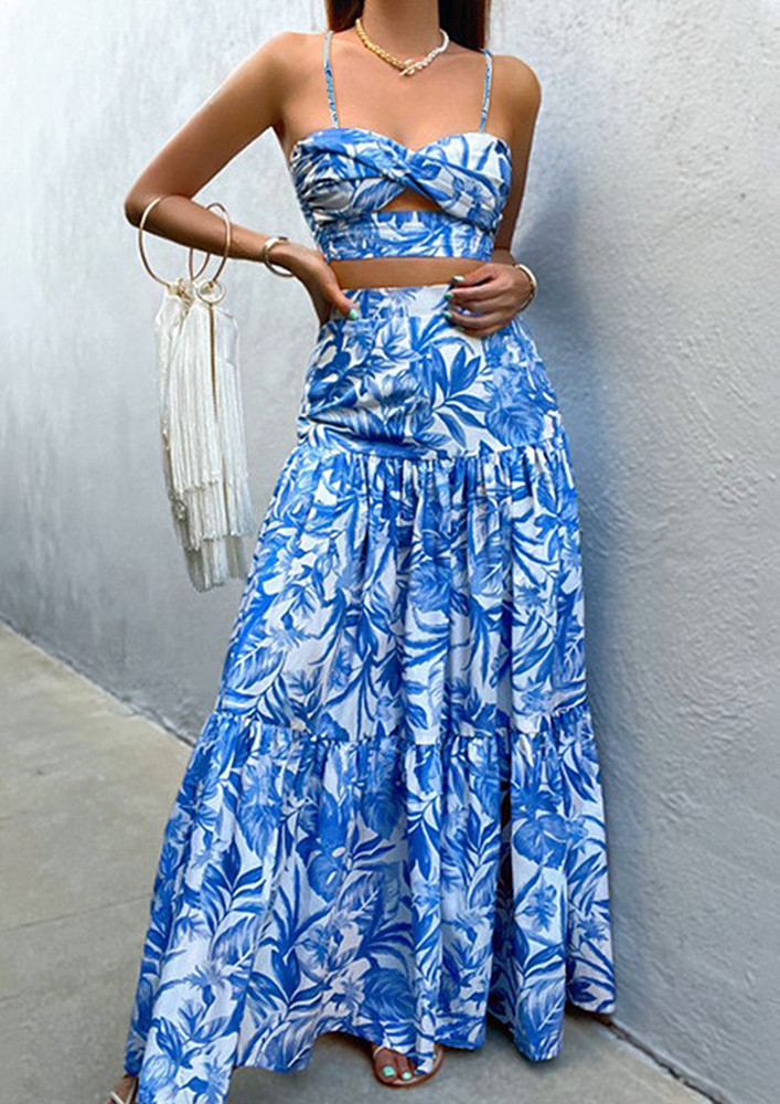 Blue Printed Tube Top & A-line Skirt Set