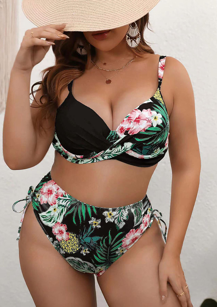 Tropical Rpint Black 2pc Plus Size Bikini Set