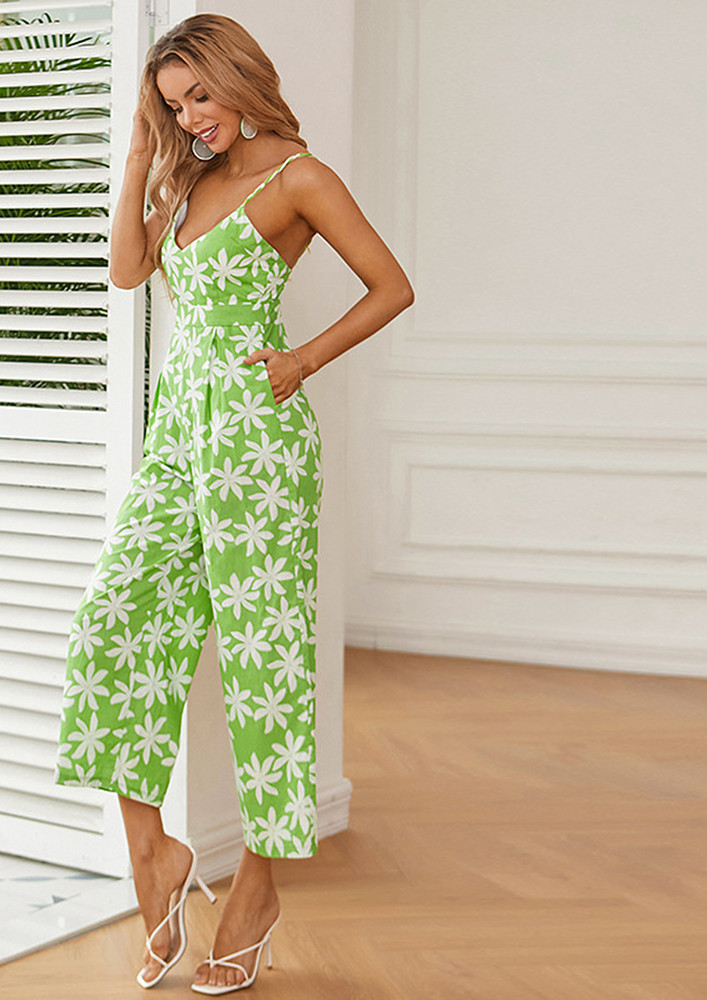 Green Floral Print Calf Length Jumpsuit