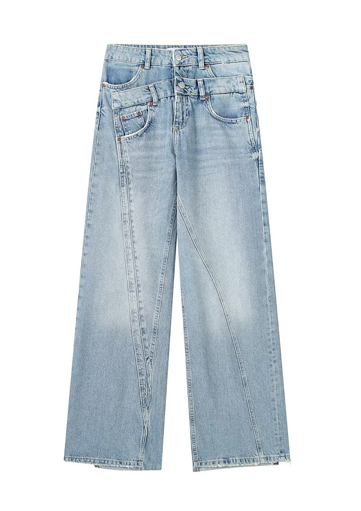 Washed Light Blue Diagonal-seams Jeans