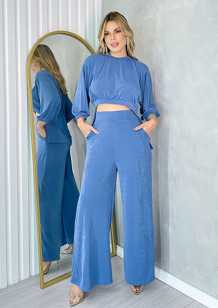BLUE LOOSE FIT PULLOVER AND FLARE TROUSER SET