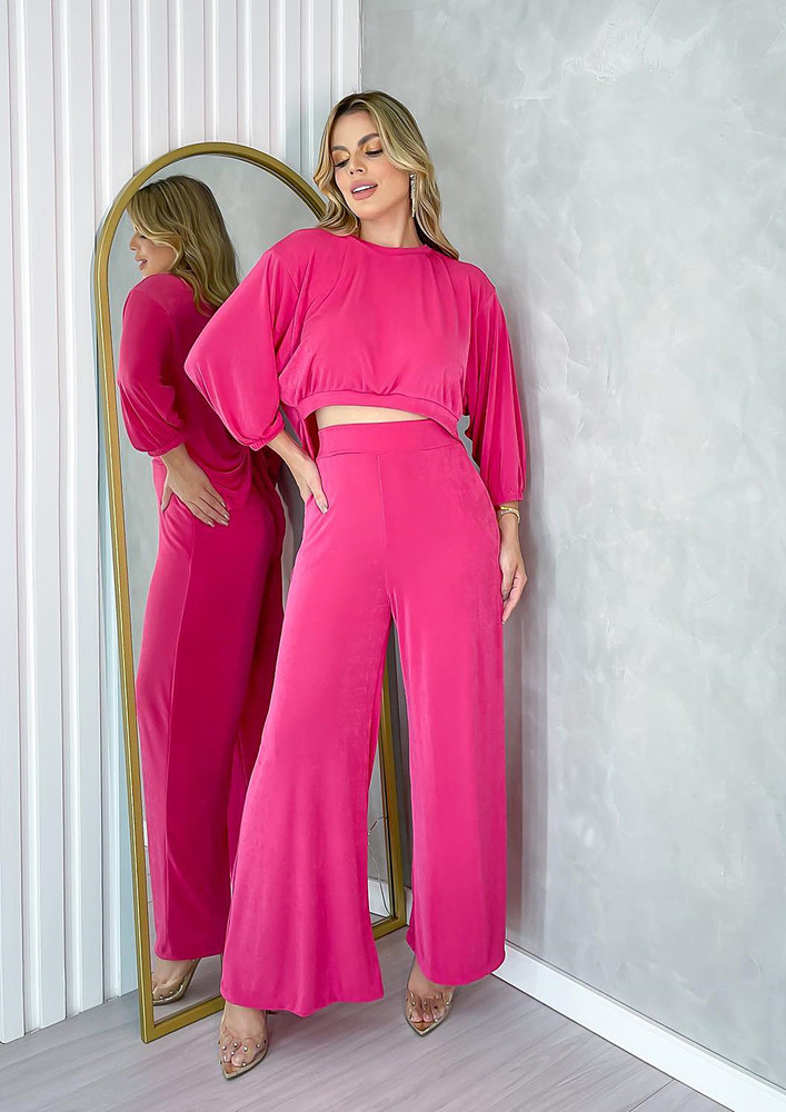 ROSE RED LOOSE FIT PULLOVER AND FLARE TROUSER SET