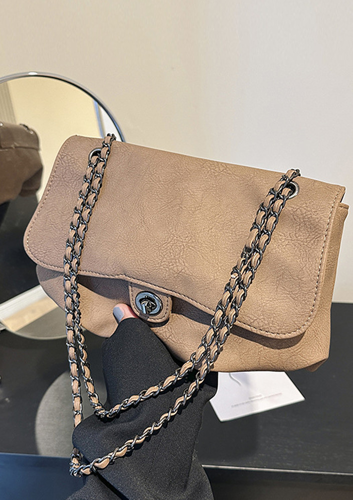 BROWN FAUX LEATHER CHAIN SHOULDER BAG