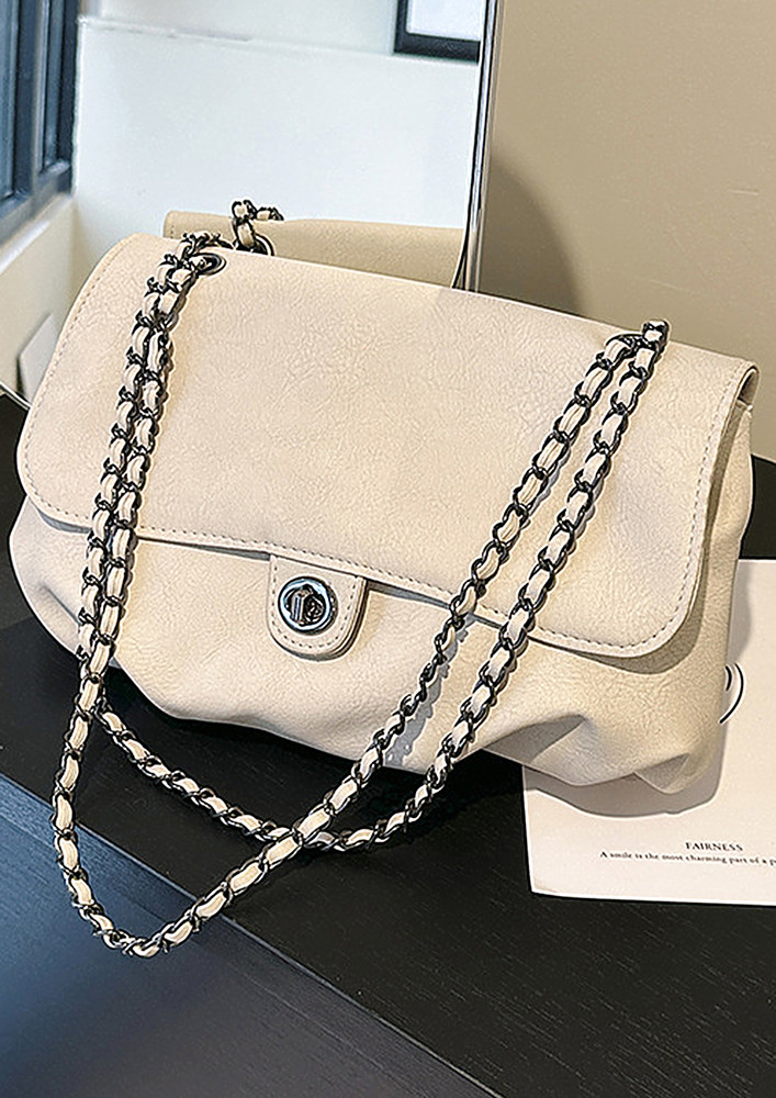WHITE FAUX LEATHER CHAIN SHOULDER BAG