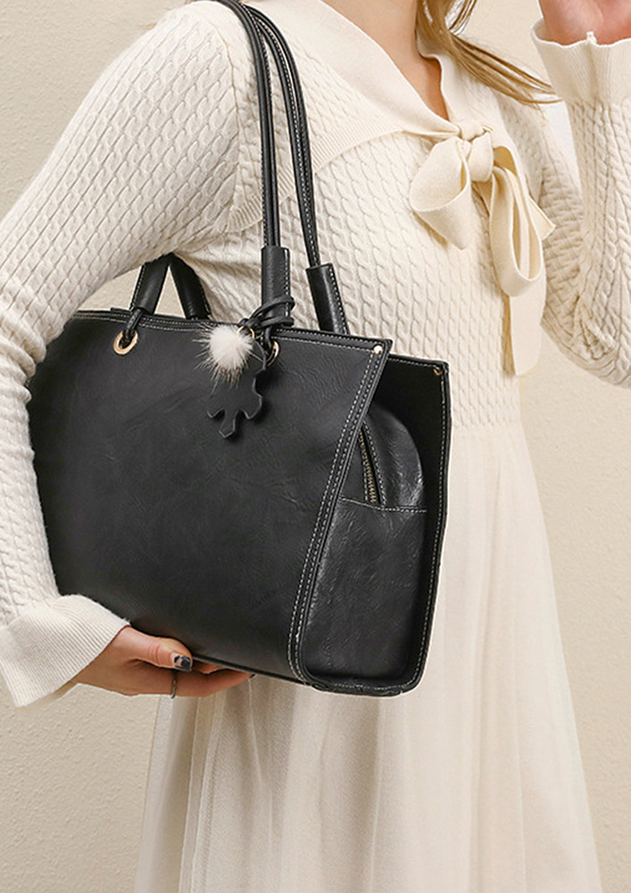 BLACK TEXTURED DOUBLE HANDLES TOTE BAG