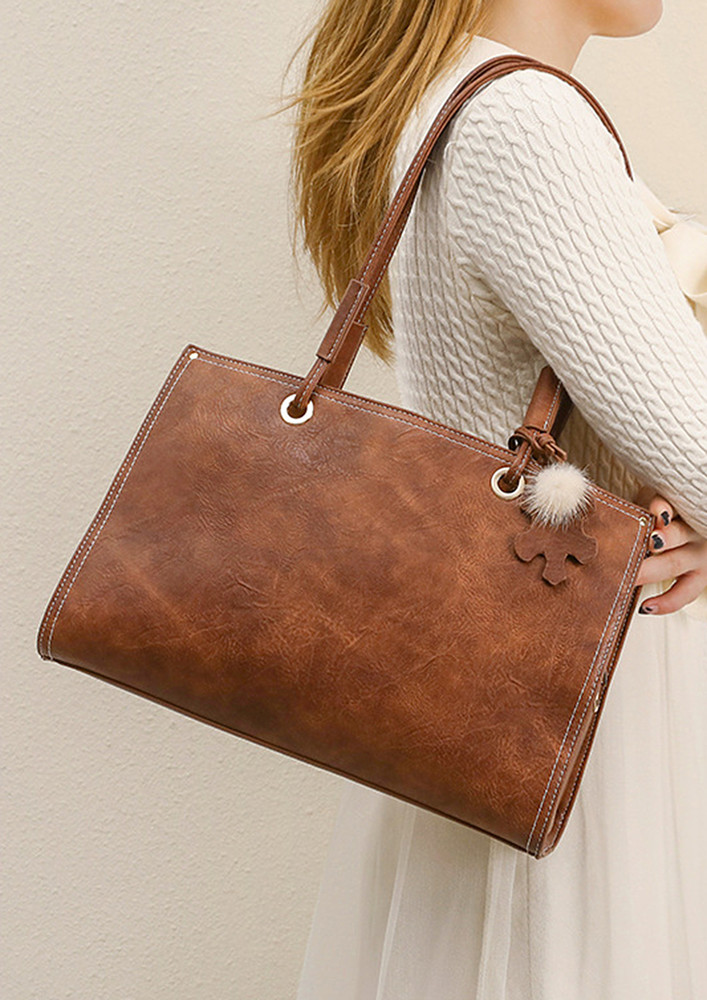 BROWN TEXTURED DOUBLE HANDLES TOTE BAG