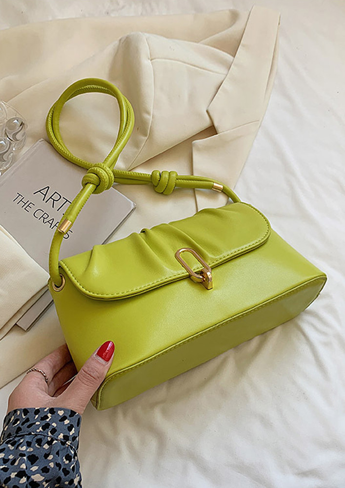 PLEATED FLAP-FRONT GREEN PU SHOULDER BAG