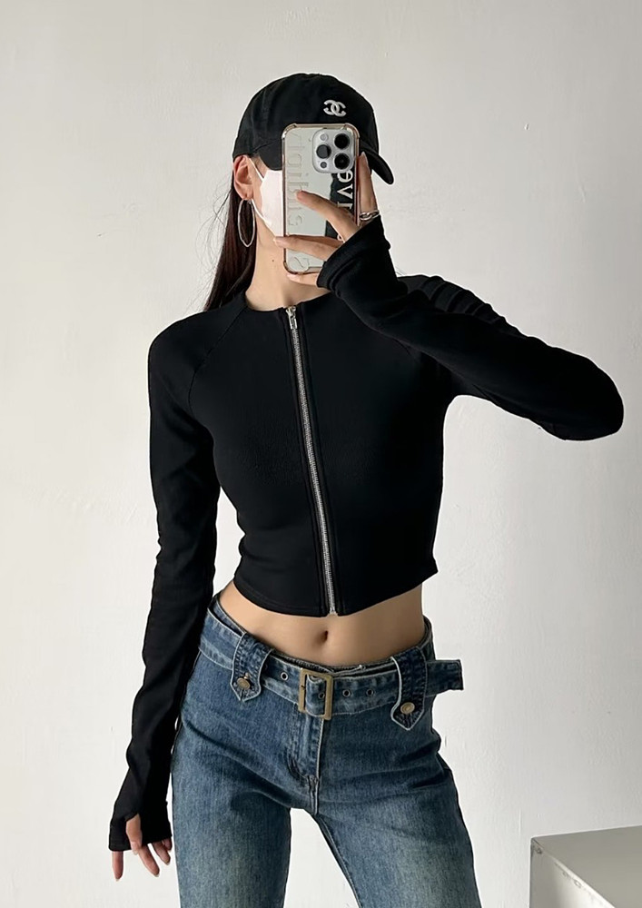 BLACK ZIP-UP MOCK NECK KNITTED TOP