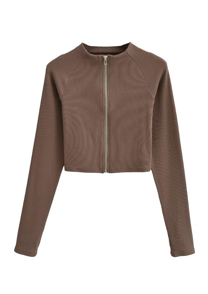 BROWN ZIP-UP MOCK NECK KNITTED TOP