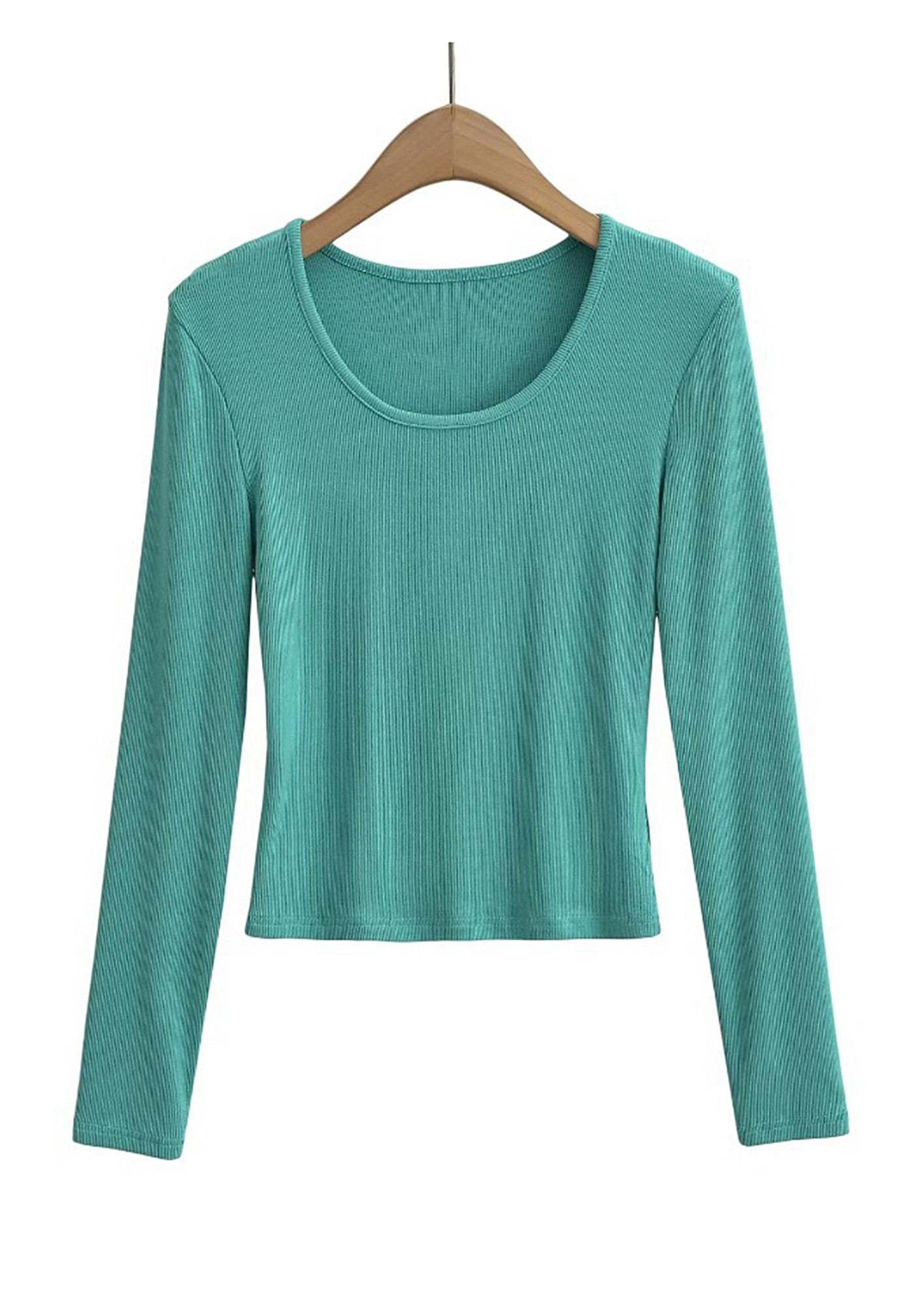 Buy ROUND NECK BLUE GREEN RIB-KNIT SLIM T-SHIRT for Women Online in India