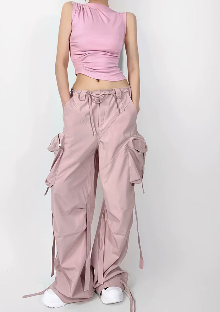 Pink Multi-pocketed Straight Loose Cargo Pants