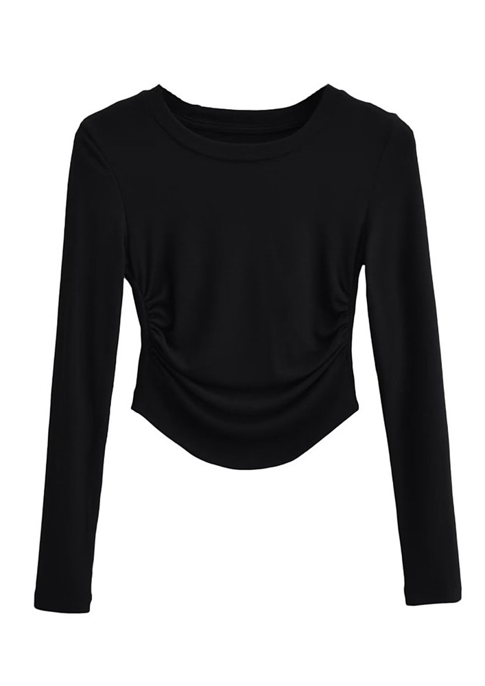 KNITTED BLACK RUCHED DETAIL T-SHIRT