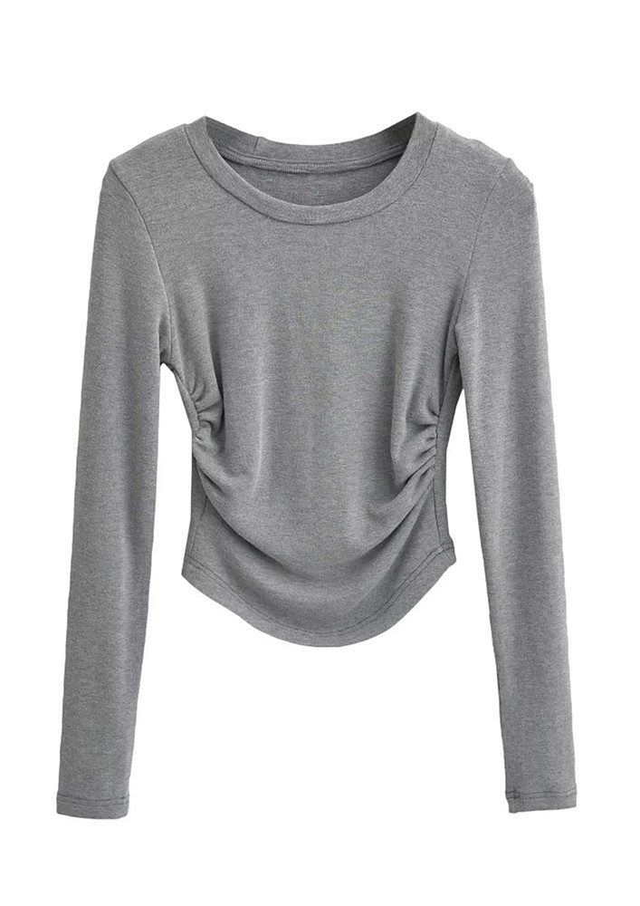 KNITTED GREY RUCHED DETAIL T-SHIRT