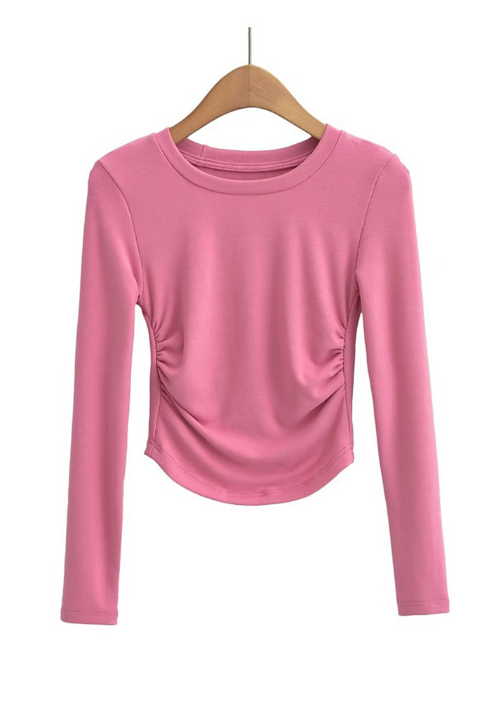 KNITTED PINK RUCHED DETAIL T-SHIRT