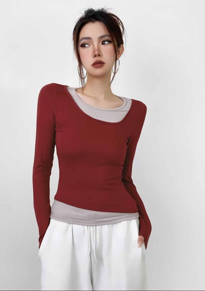 Round Neck Contrasting Red Top