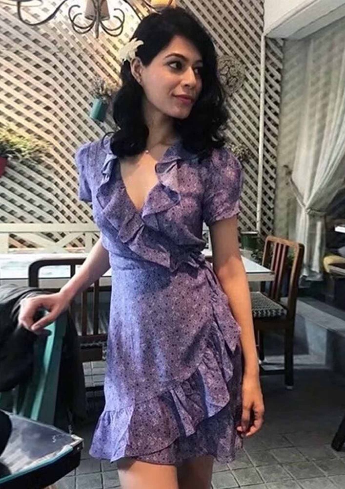Printed Purple Frilly Short Dress